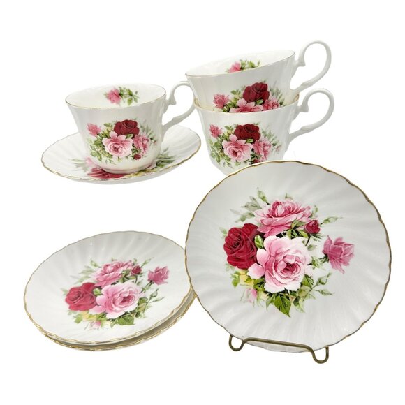 Royale Garden Bone China Teacup and Saucer Set Pink Rose Design 3 cups 4 saucers - Picture 1 of 12